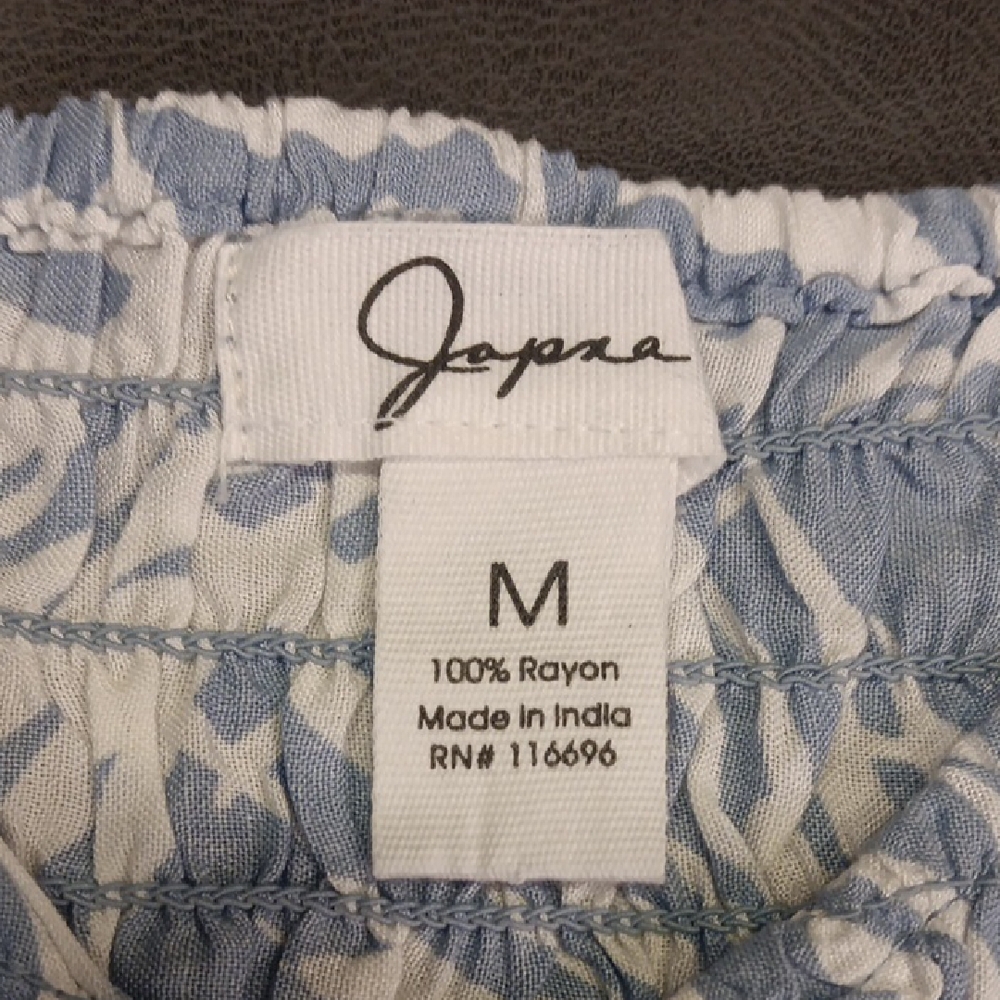 Jopna Blue & White Tropical Smocked Peplum Blouse with Ruffle Sleeves - Picture 5 of 7